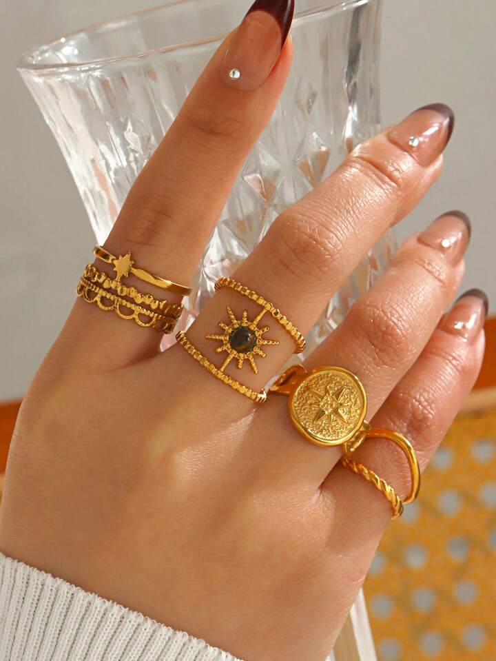 4PCS 18K Gold Plated Star & Sun Open Rings Set