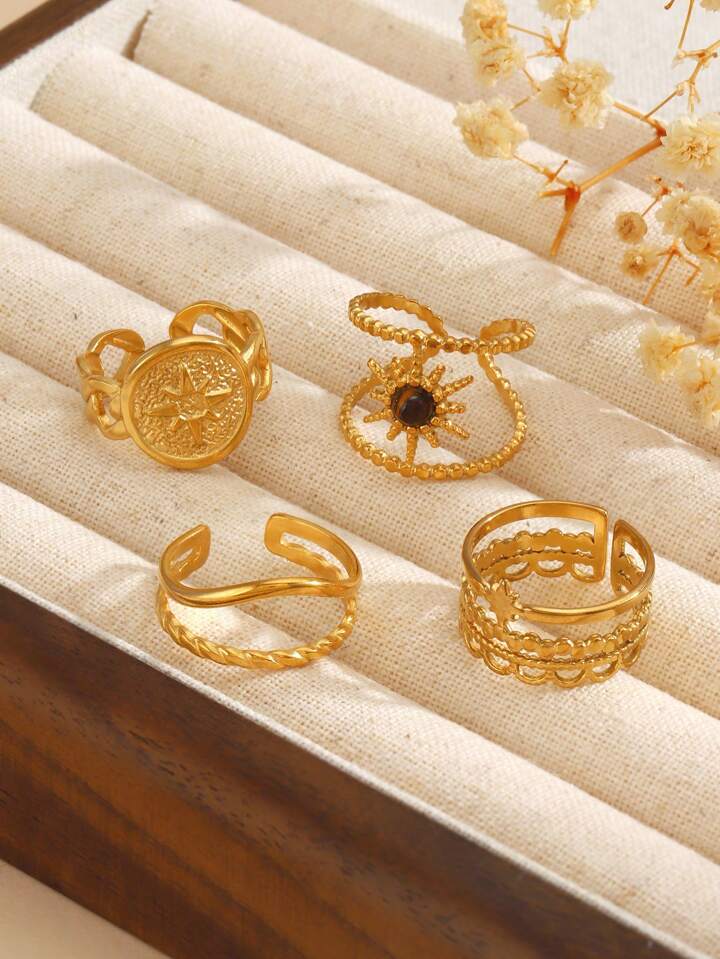 4PCS 18K Gold Plated Star & Sun Open Rings Set
