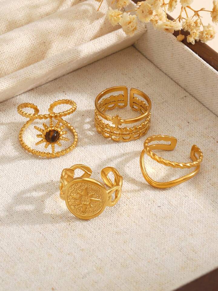 4PCS 18K Gold Plated Star & Sun Open Rings Set
