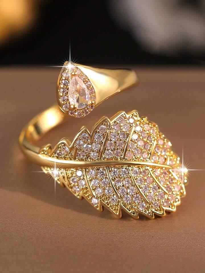 Elegant Leaf Shaped Adjustable Cubic Zirconia Ring