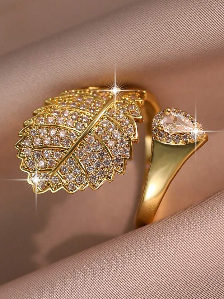 Elegant Leaf Shaped Adjustable Cubic Zirconia Ring