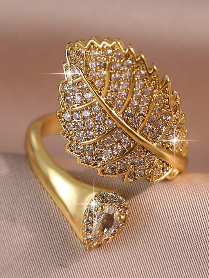 Elegant Leaf Shaped Adjustable Cubic Zirconia Ring