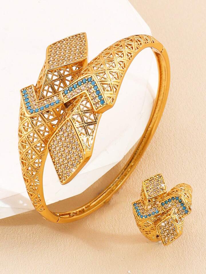 2PCS Blue Turquoise Cubic Zirconia Bangle & Ring Set