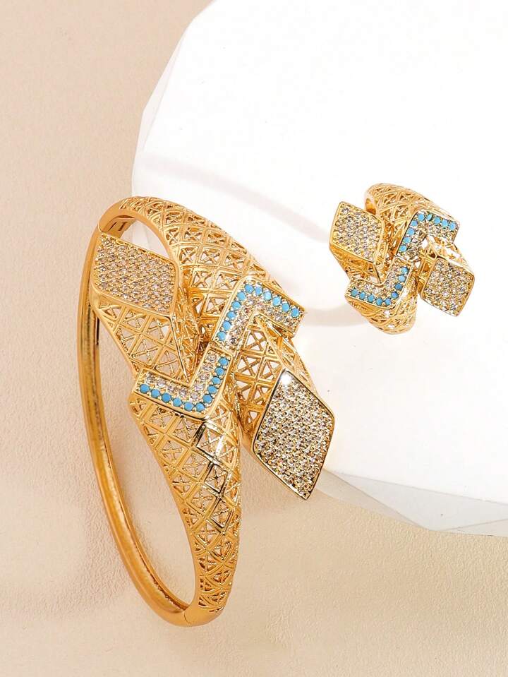 2PCS Blue Turquoise Cubic Zirconia Bangle & Ring Set