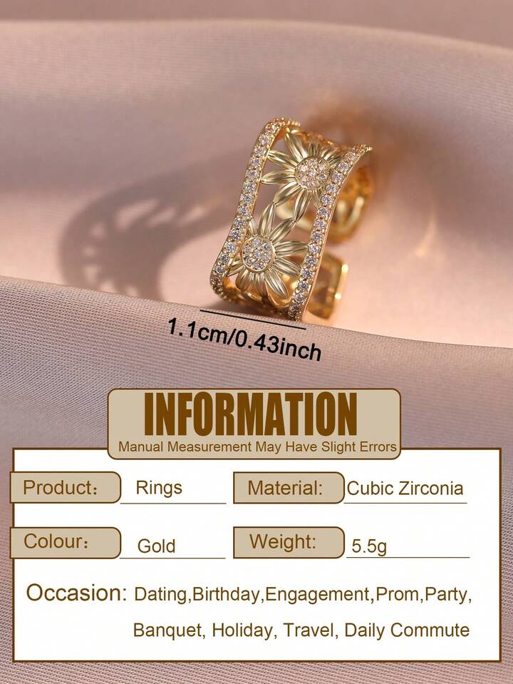 Vintage Flower Hollow-Out Wide Band Ring Cubic Zirconia