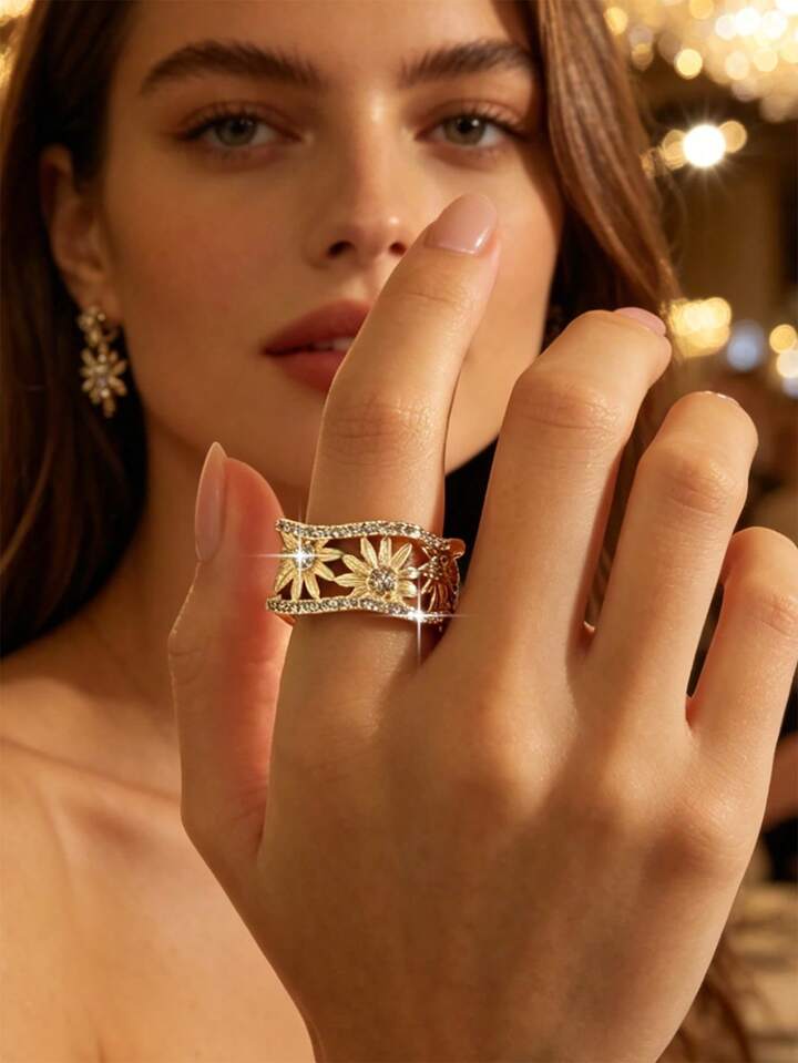 Vintage Flower Hollow-Out Wide Band Ring Cubic Zirconia