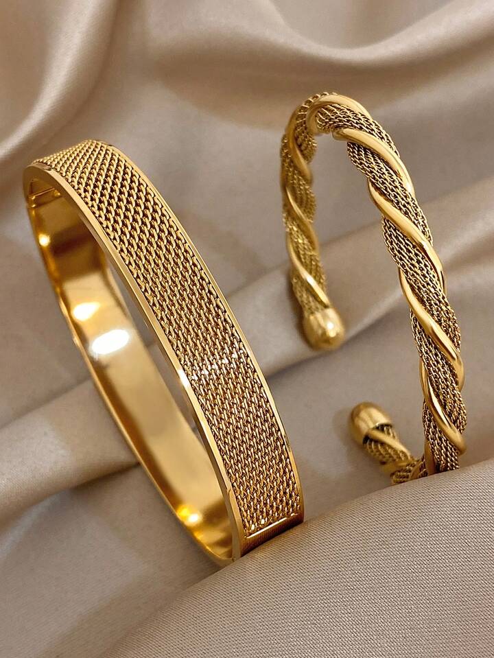 18K Gold Plated Vintage Woven Twist Bangle Bracelet Set