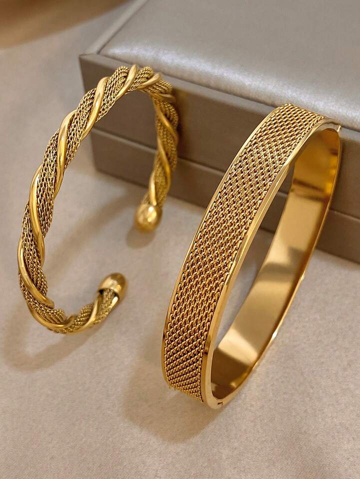 18K Gold Plated Vintage Woven Twist Bangle Bracelet Set