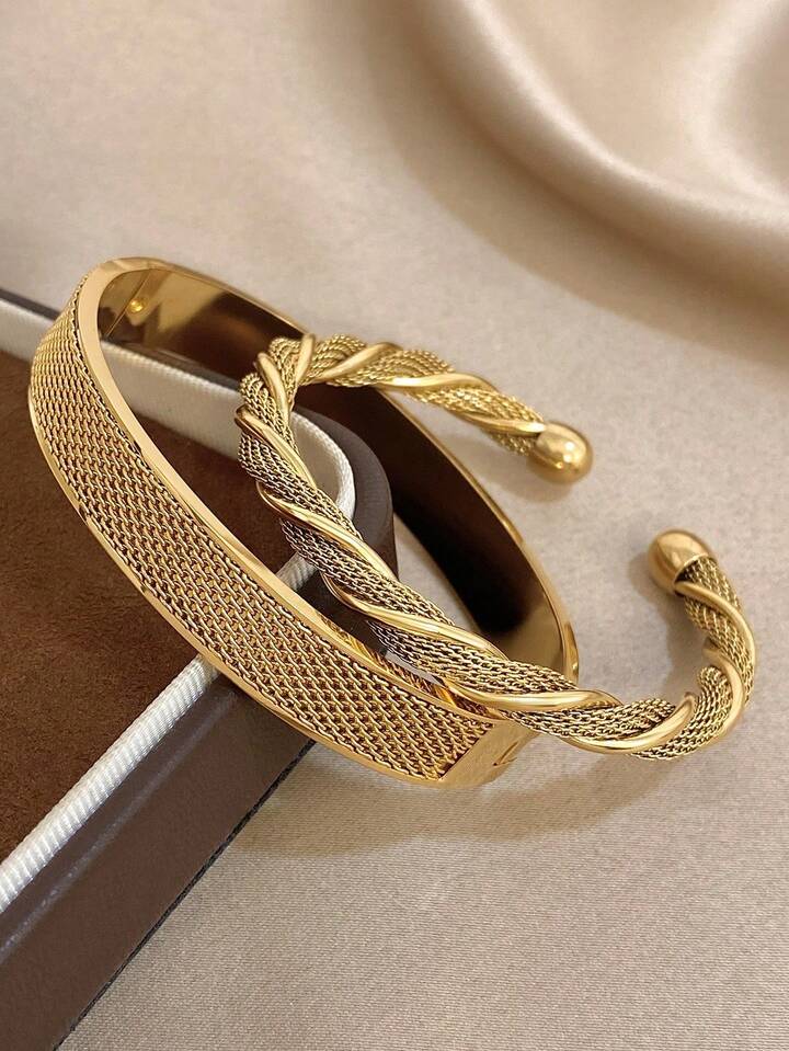 18K Gold Plated Vintage Woven Twist Bangle Bracelet Set