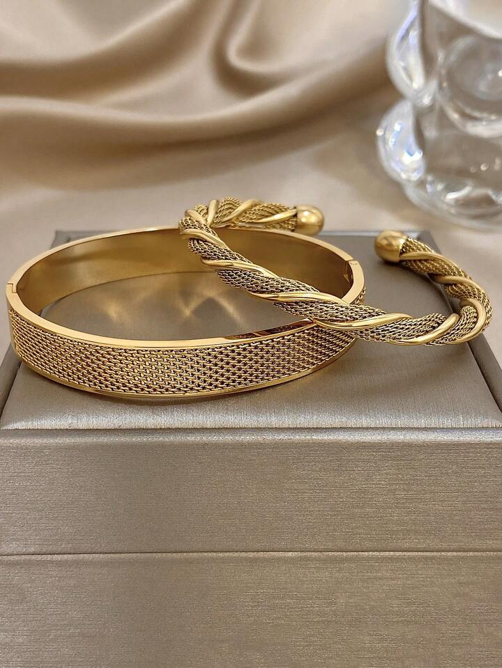 18K Gold Plated Vintage Woven Twist Bangle Bracelet Set
