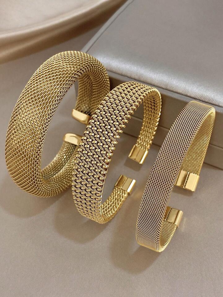 Open Chunky Bangle 3 Bracelet Set Wide Cuff Jewelry