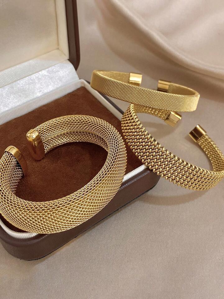 Open Chunky Bangle 3 Bracelet Set Wide Cuff Jewelry