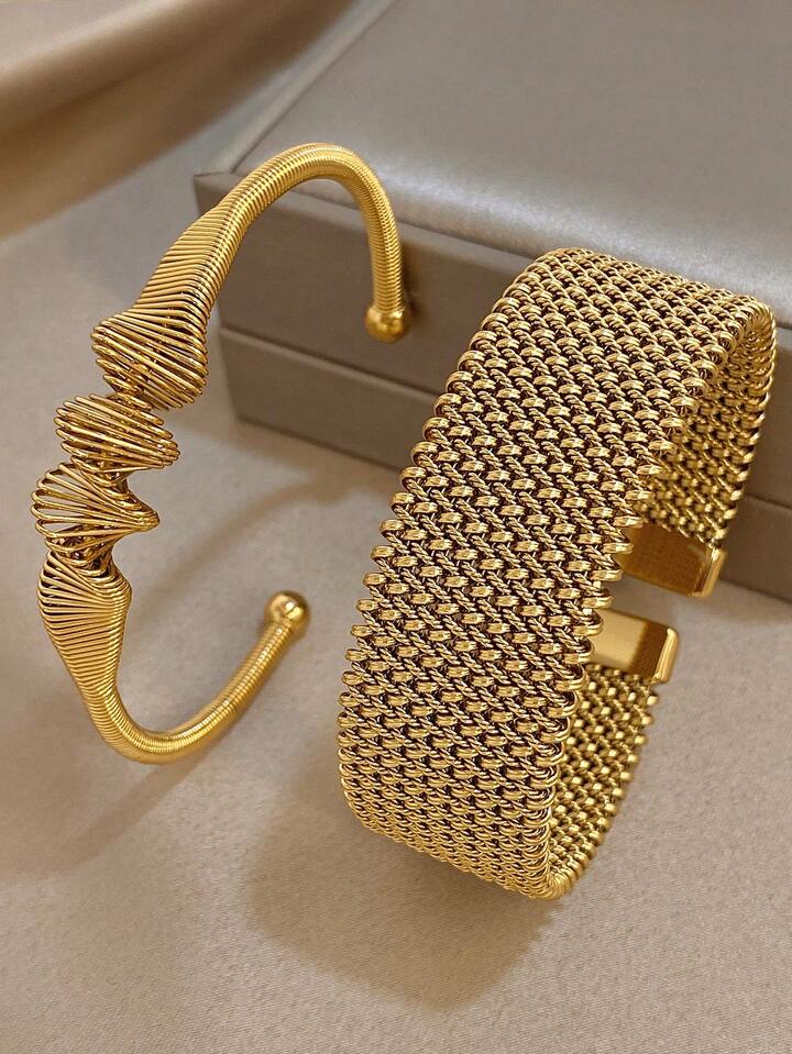 18K Gold Plated Vintage Weave Mesh Bangle Bracelet Set