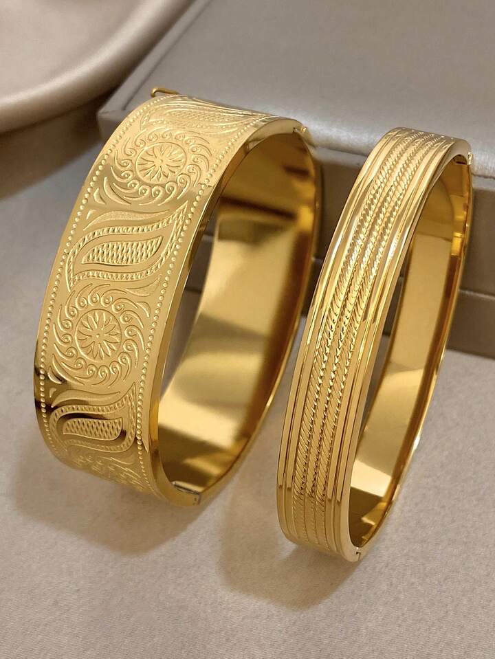 18K Gold Plated Vintage Wide Bangle Bracelet Set