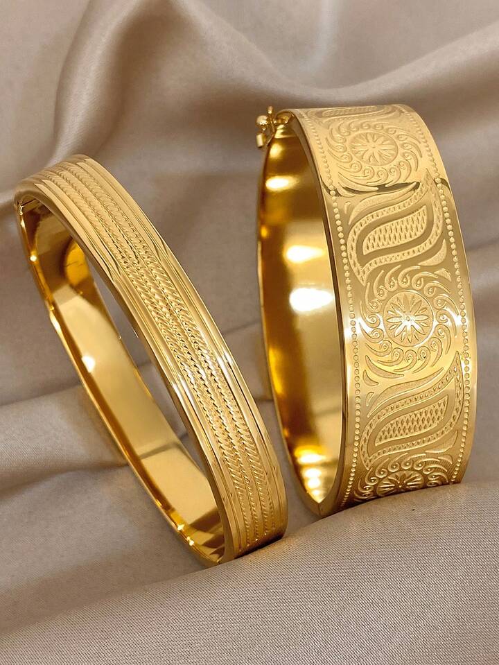 18K Gold Plated Vintage Wide Bangle Bracelet Set