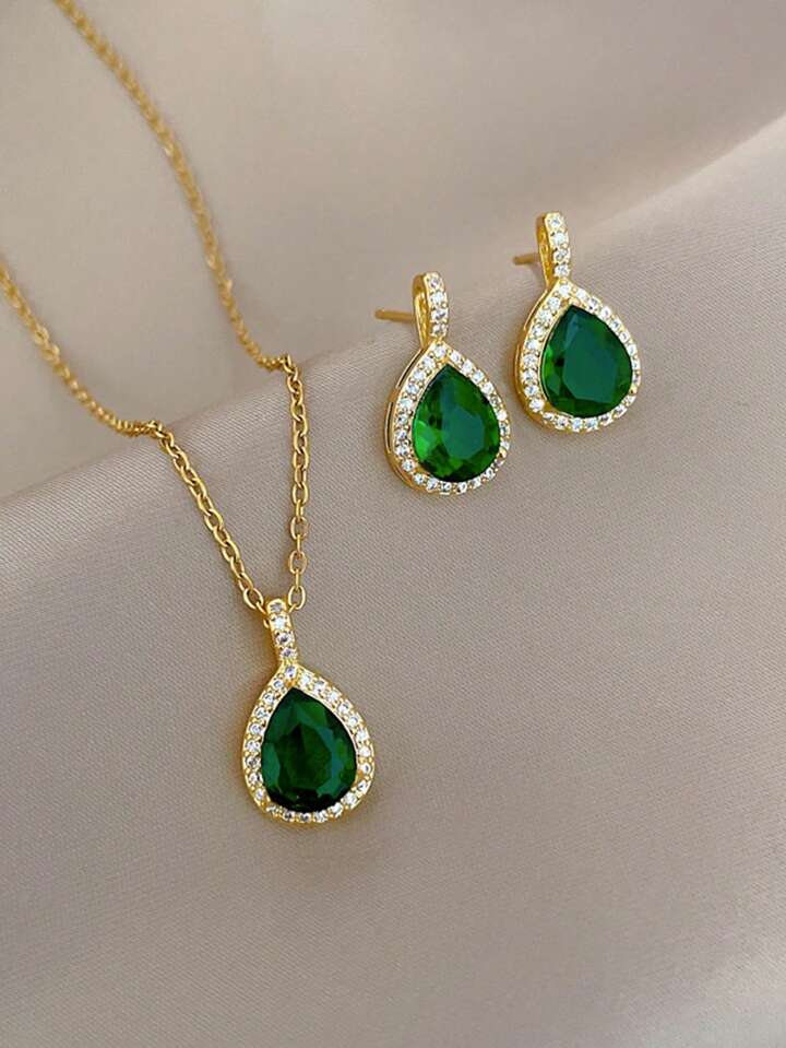 Elegant Water Drop Green Zirconia Necklace Set
