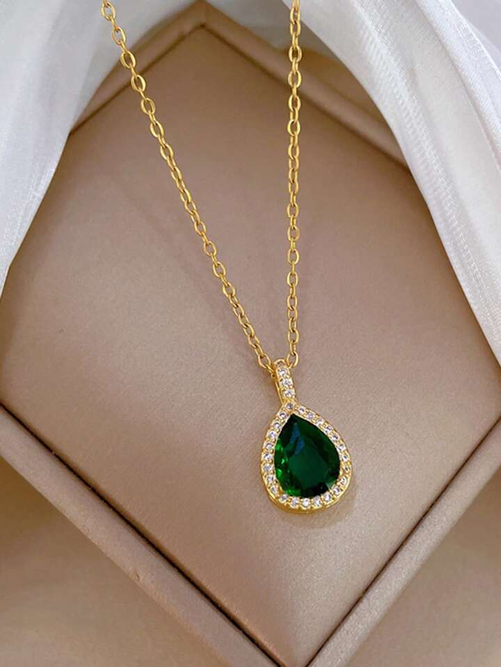 Elegant Water Drop Green Zirconia Necklace Set