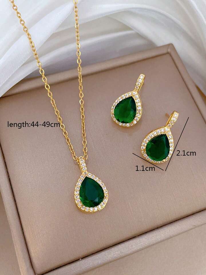 Elegant Water Drop Green Zirconia Necklace Set