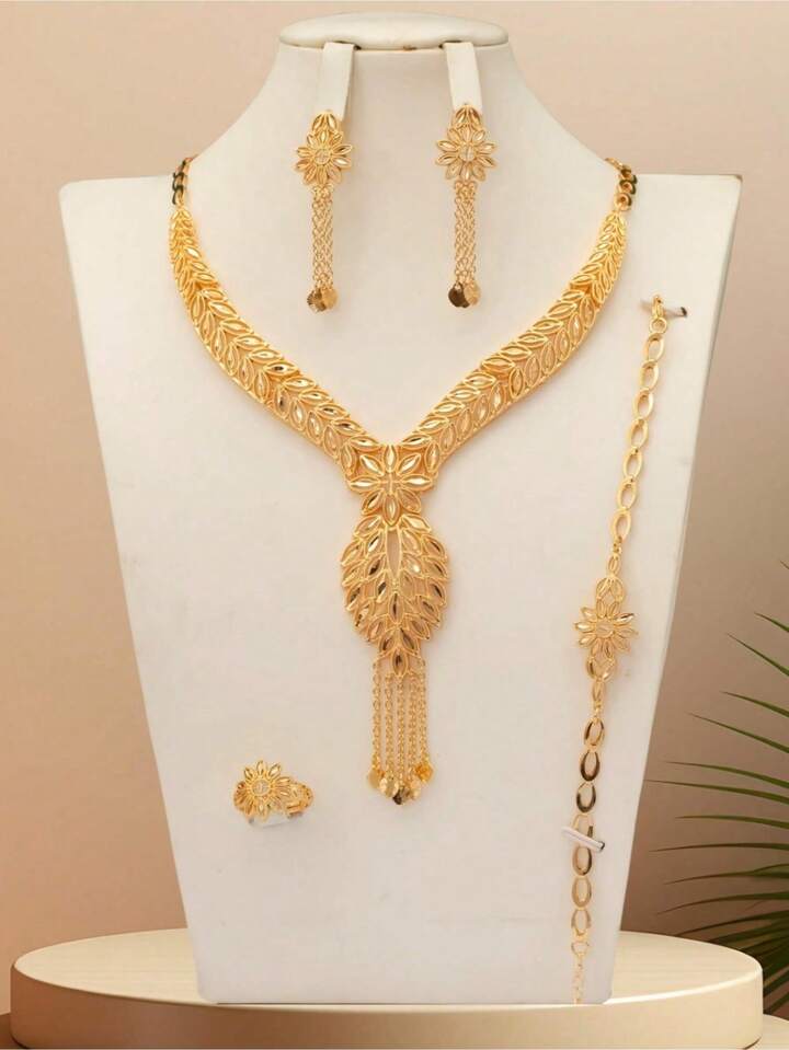Sunflower Sunburst Collar Necklace & Tassel Jewelry Set – 5 Pieces