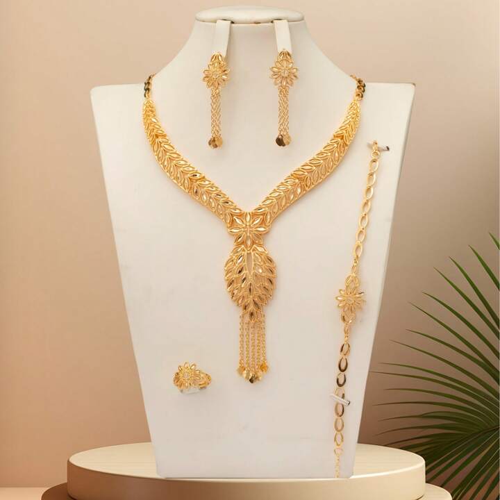 Sunflower Sunburst Collar Necklace & Tassel Jewelry Set – 5 Pieces